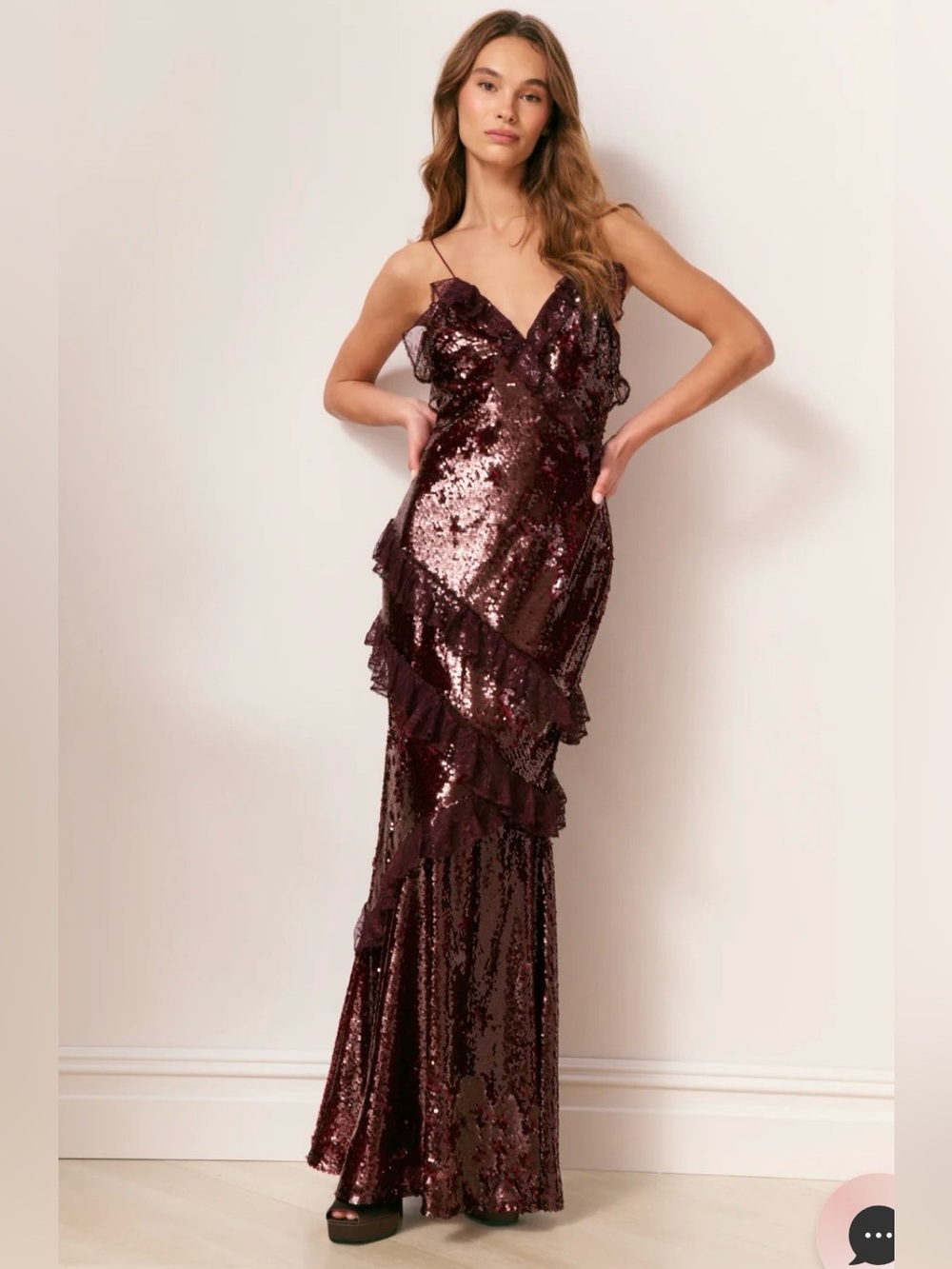 LoveShackFancy Rialto Maxi Dress Burgundy Sequin Ruffle Sz 10